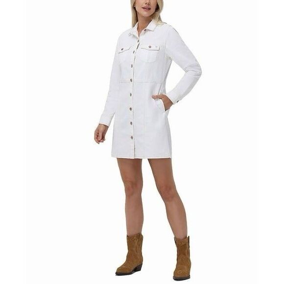 Frye Denim Mini Dress Size L Button Front Dual Chest Pockets Bone NEW - Picture 4 of 8